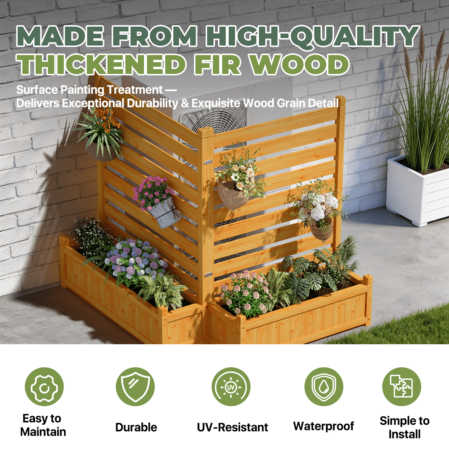 BaPiPro 2-Panel Wooden Planter Fence with Built-in Flower Boxes, Natural Wood Finish for Outdoor Privacy Screen