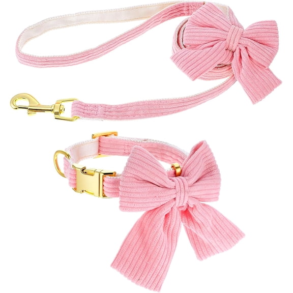 Miaocao Dog Collar and Leash Set with Bowtie, Pink Cute Girl Dog Collars Bow Metal Buckle Adjustable Corduroy Dogs Collar 10‘’-16‘’for Small Medium Puppy Dogs with 5 FT Leash Pink S