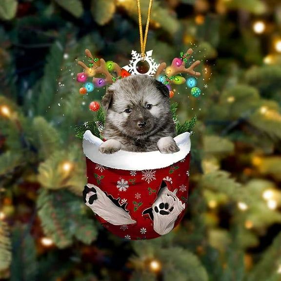 Acrylic 2D FLAT Keeshond In Snow Pocket Christmas Ornament