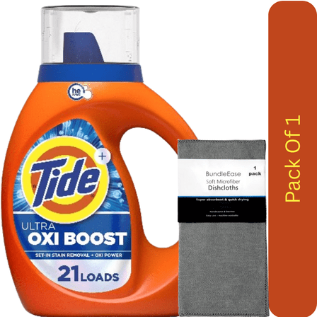 Tide Ultra Oxi Boost Liquid Detergent, Powerful Advanced Stain Remover, 30 fl oz, 21 Loads with Microfiber Solid Color Towel by BundleEase