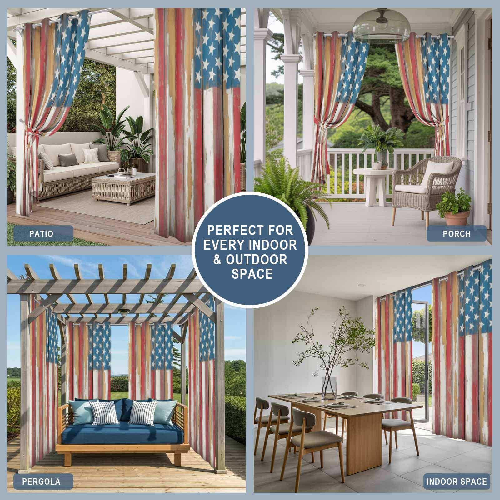Independence Day Outdoor Curtains for Patio, American Flag Star Retro Red Wood Striped Sunshade Privacy Drapes Grommet Waterproof Outside Curtains for Porch/Cabana/Balcony 54"x 108", 1 Panel