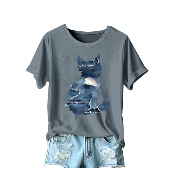 Sexlip Womens Swimsuit Set Sitting Cat Print Cover Up Design Crew Neck Short Sleeve Casual Silhouette Breathable Fabric for Casual Beach Days Gray S