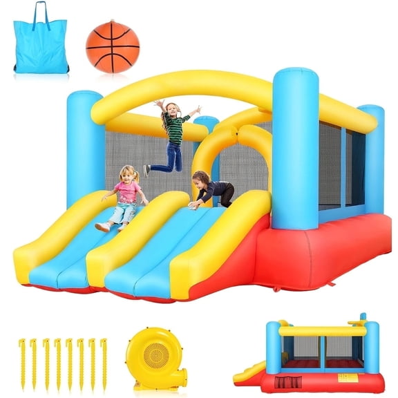 Inflatable Bounce House for Kids 3-10, Bouncy House Double Slide with 470W Blower, Jumper House with Large Jump Area, Basketball Hoop, Durable Oxford Cloth, Indoor&Outdoor