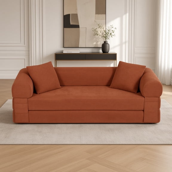 Convertible Sofa Bed, 80" Boneless Folding Sleeper Couch with Storage Pockets, Queen Size Corduroy Floor Sofa, No Assembly Couch in a Box, Orange