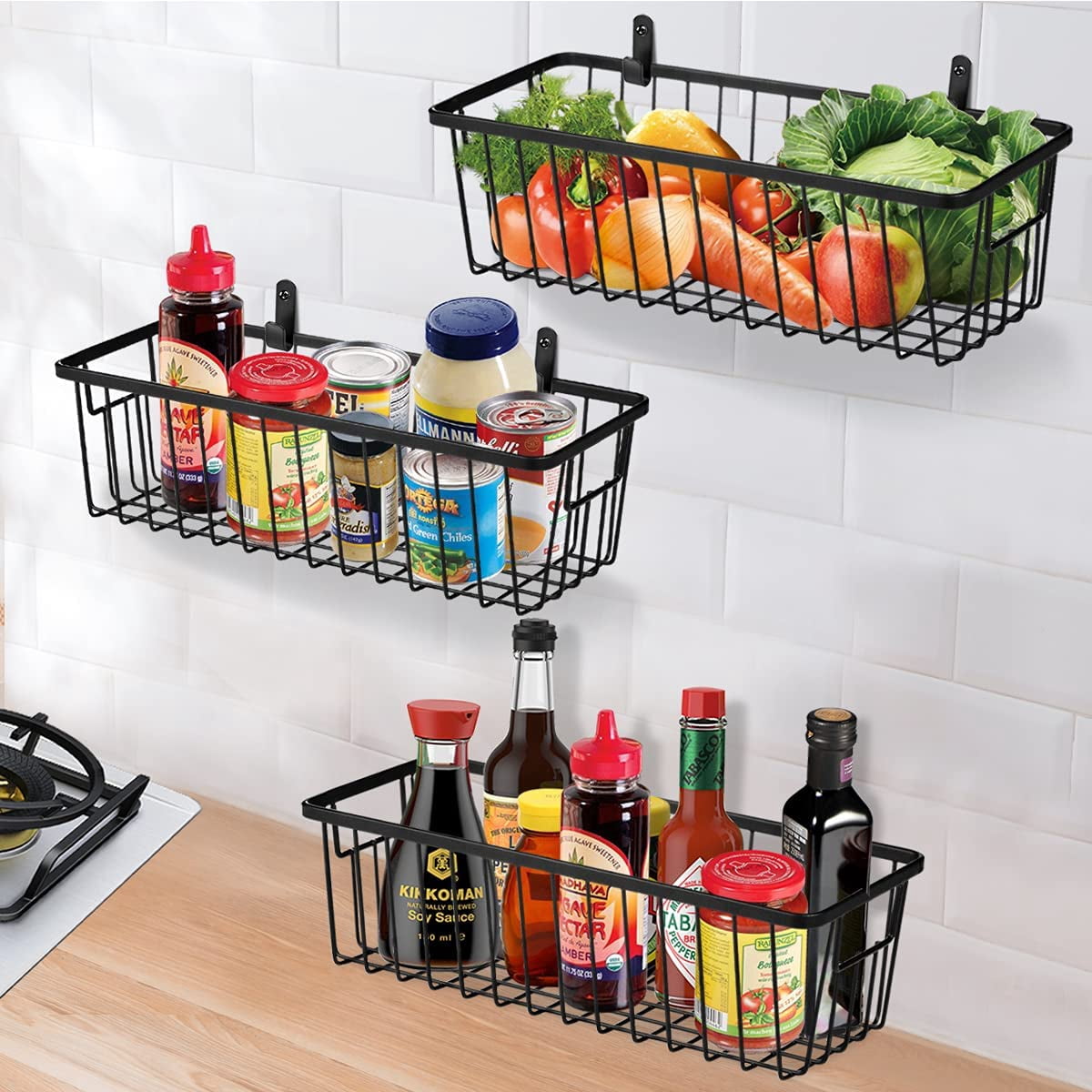 Farmhouse Decor Metal Wire Bathroom Storage Organizer Basket Bins - for Cabinets, Shelves, Closets, Vanity Countertops, Under Sinks, Pantry, Laundry Room, Garage - Small, 2 Pack (Black)