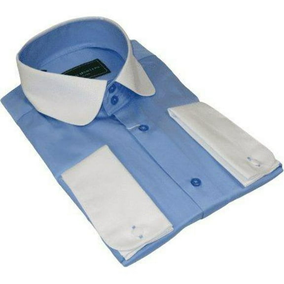 Men 100% Cotton Shirt CIERO MONTERO Turkey #STN 258 Blue/White Collar Slim Fit