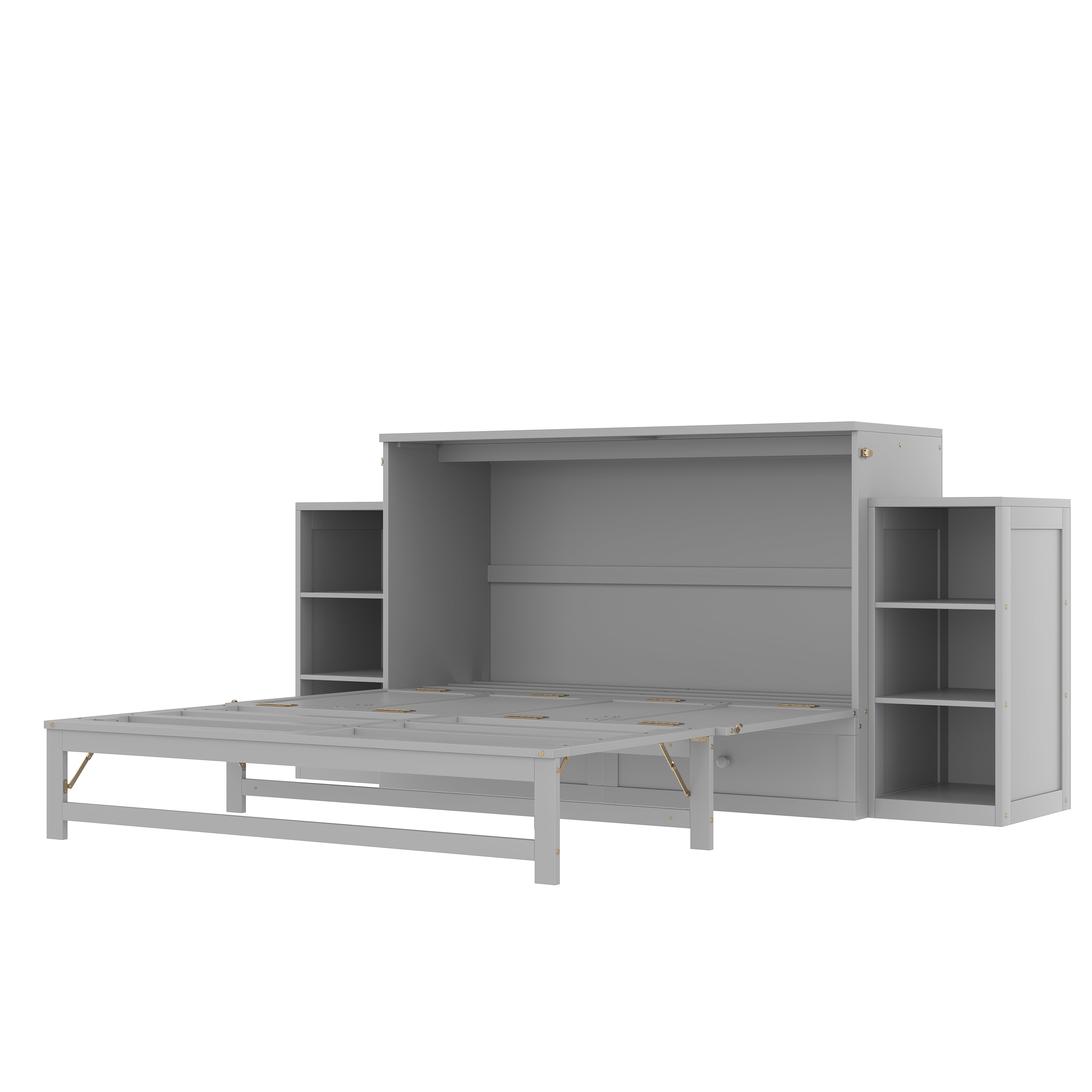 Mintazer Queen Size Murphy Bed with 6 Side Shelves & 2 Drawers, Modern Foldable Cabinet Bed for Bedroom Apartment Guest Room, Gray