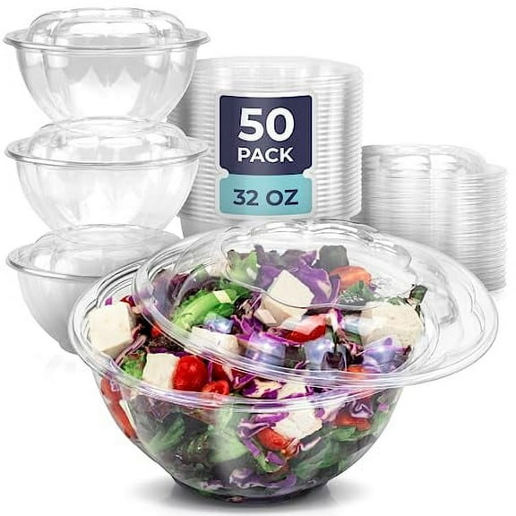 Fit Meal Prep 50 Pack 32 oz Clear Plastic Salad Bowls with Airtight Lids, Disposable To Go Salad Containers for Lunch, Meal, Party, BPA Free Clear Bowl for Acai, Green Salad, Fruits, Nuts