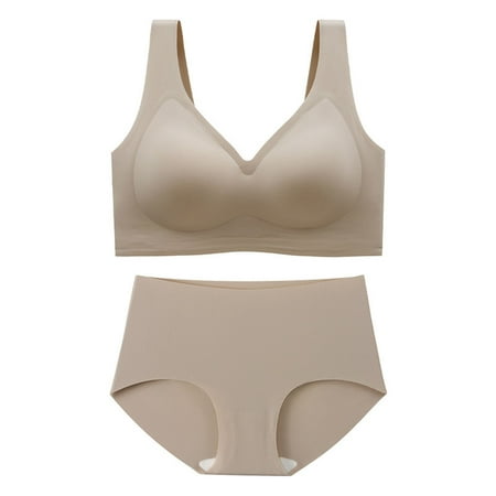 jobturf Womens Solid Color Matching Workout Sports Bra and Panty Set 2 Piece Yoga Gym Bralette and Thong Sleep Underwear Beige XXXXL