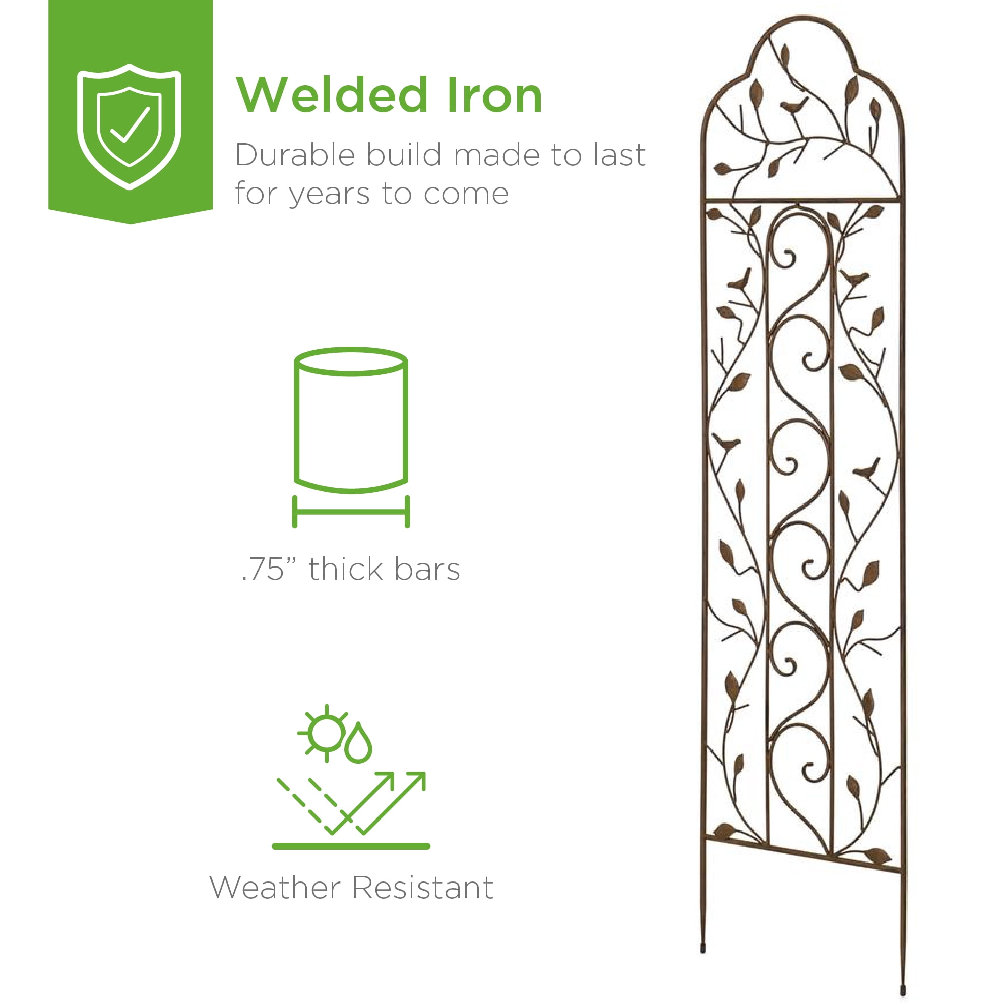 Best Choice Products 60x15in Iron Arched Garden Trellis Fence Panel w/ Branches, Birds for Climbing Plants - Bronze