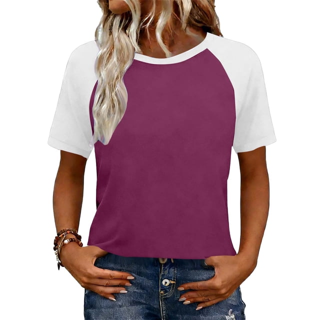 Tops de manga corta de verano para las mujeres manga Raglan color bloqueado blusa casual, Tops de manga corta de las mujeres suave transpirable