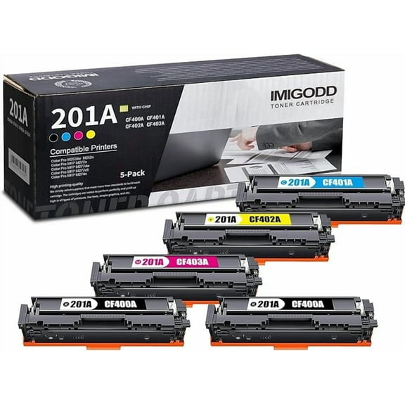 5-Pack 201A Toner Replacement for HP 201A | CF400A CF401A CF402A CF403A BK/C/M/Y Toner Cartridge (with chip) High Capacity Compatible Color Pro M252dw M252n MFP M277n M277dw M277c6 M274n Printer
