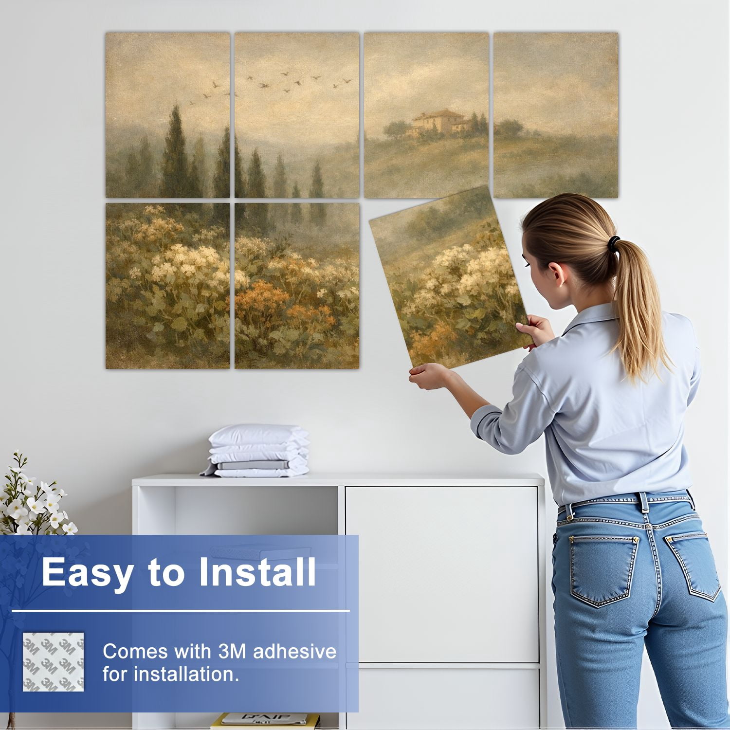 8 Pack Art Acoustic Panels Serene Tuscan Landscape Cypress Trees Hills Distant Villa Self Adhesive Absorbing Dampening Panels Self Adhesive for Nursery Game Room Bedroom 48"x32"