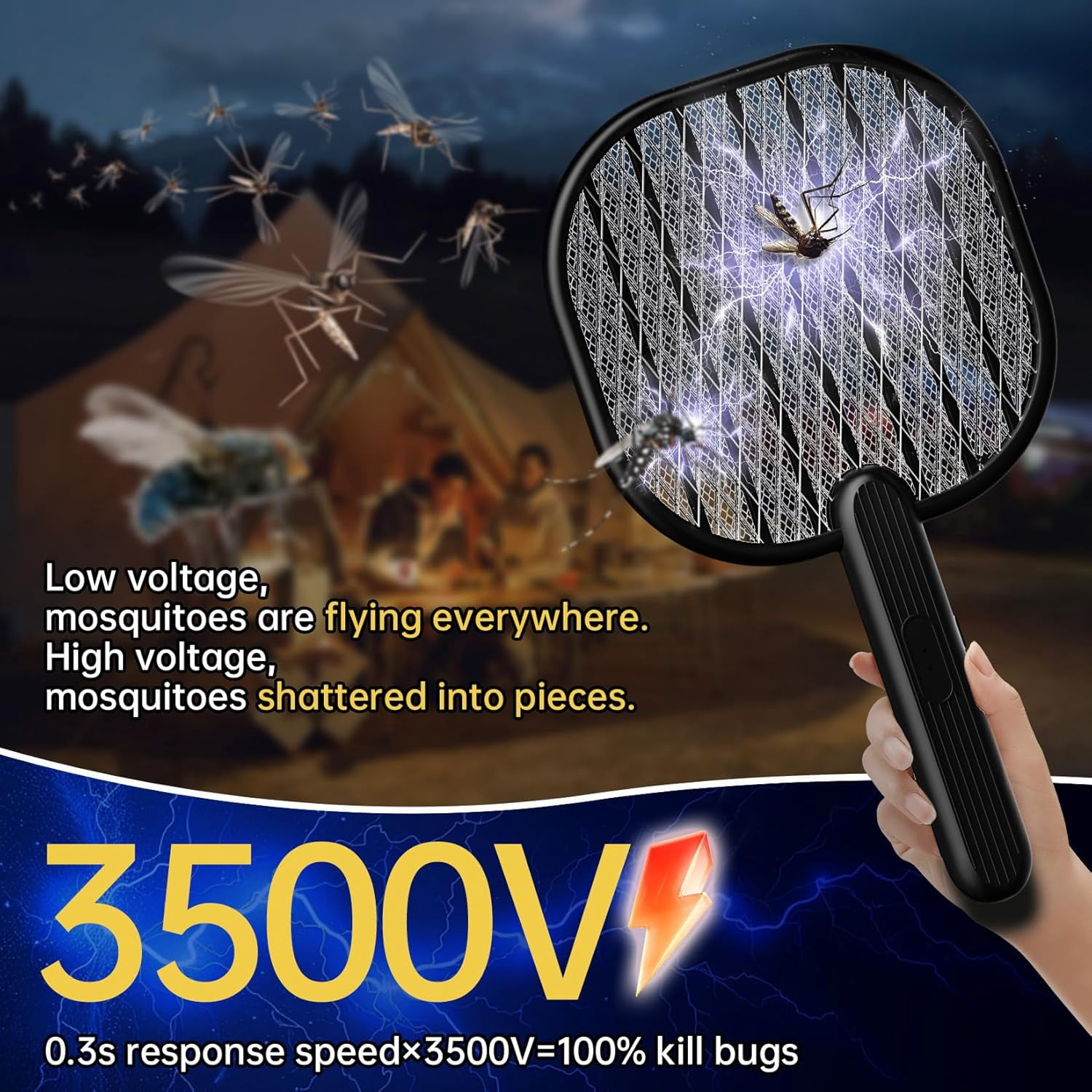 Electric Fly Swatter Bug Zapper: 3500V Mosquito Killer Racket with USB Rechargeable Insect Trap Pest Control Handheld Lightweight 5-Layer Safety Mesh for Indoor Home Office Backyard Patio Camping