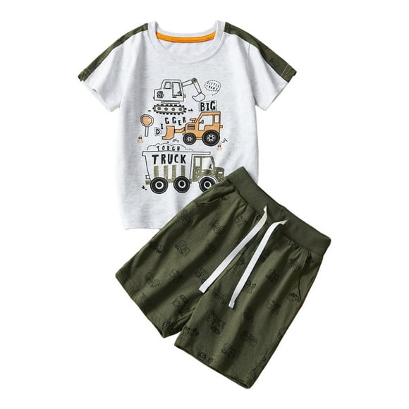 Tenue Nouveau-Né Petit Frère Ensemble Été Mode Imprimés T-Shirt Manches Courtes et Shorts Facile Mix and Match Bébé Garçon Vert Armée 4 Ans-5 Ans