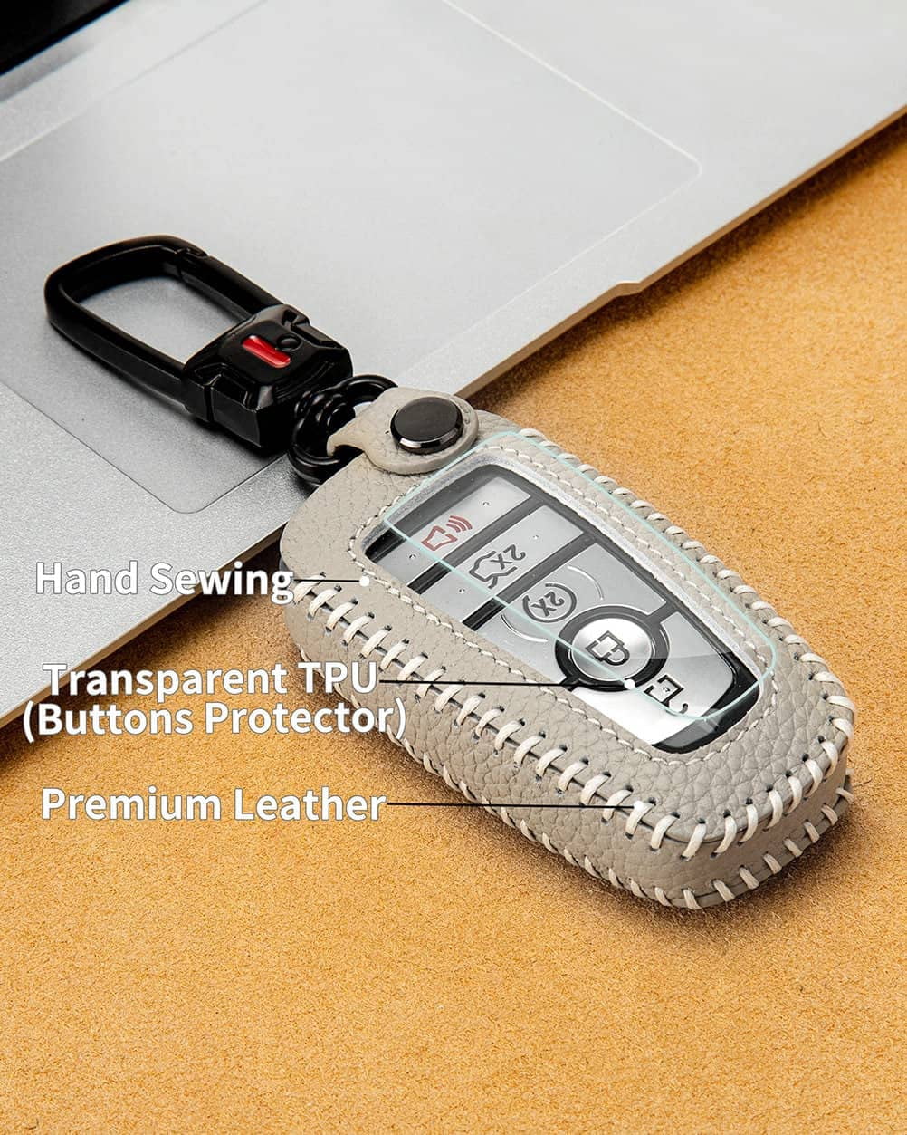 for Ford Key Fob Cover with Keychain, Leather Keyless Entry Car Smart Key Case Protector Holder Compatible with 2017-2024 Bronco Escape Mustang Explorer F150 F250 F350 Fusion Edge