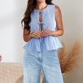 thumbnail image 2 of Women Tie Front Peplum Tank Top Sleeveless Ruffle Hem Babydoll Tops Striped Flowy Going Out Tops, 2 of 6