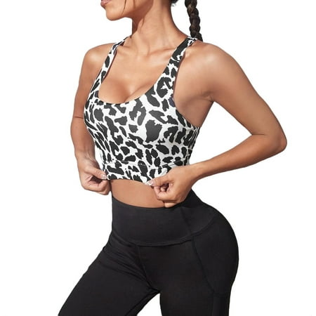 

Leopard Print Round Neck Black and White Women Sports Bras Women s