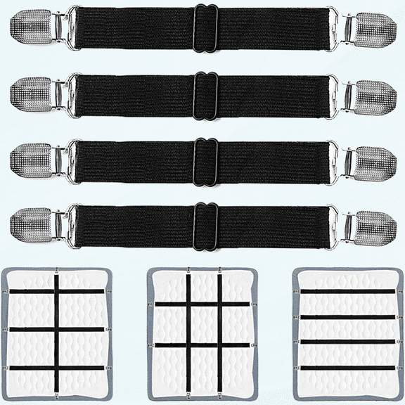 Adjustable Bed Sheet Clips, Sheet Fasteners Holder Straps and Suspender, Gripper, Extend From 21" to 80" Long Style Elastic Fasteners Bands Heavy Duty Suit for Mattress, Sofa, Couch, Recliner and More