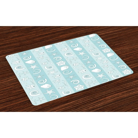 Nautical Placemats Set of 4 Marine Theme Sea Animals Fishes Shells on Striped Blue Background, Washable Fabric Place Mats for Dining Room Kitchen Table Decor,Baby Blue Pale Blue White, by