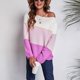 thumbnail image 3 of Suéter de manga larga para mujer, Top con cuello barco a rayas de Color contrastante, Jersey holgado, prendas de punto, color rojo rosa L, 3 of 6