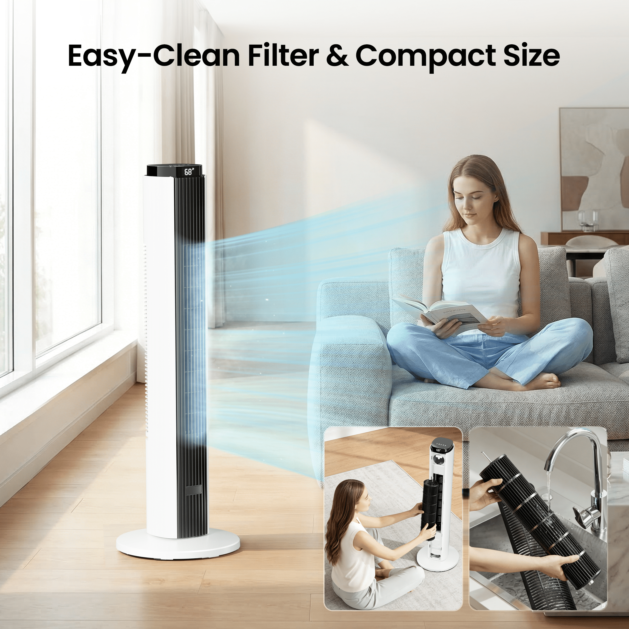 KISSAIR 37" Tower Fan with Remote, 6 Speeds, 4 Fan Modes with LED Display, 12H Timer, 90°Oscillation Fans,  Speeds Adjustable, Remote Control Suitable for Home/Bedroom/Office, Black-White mix