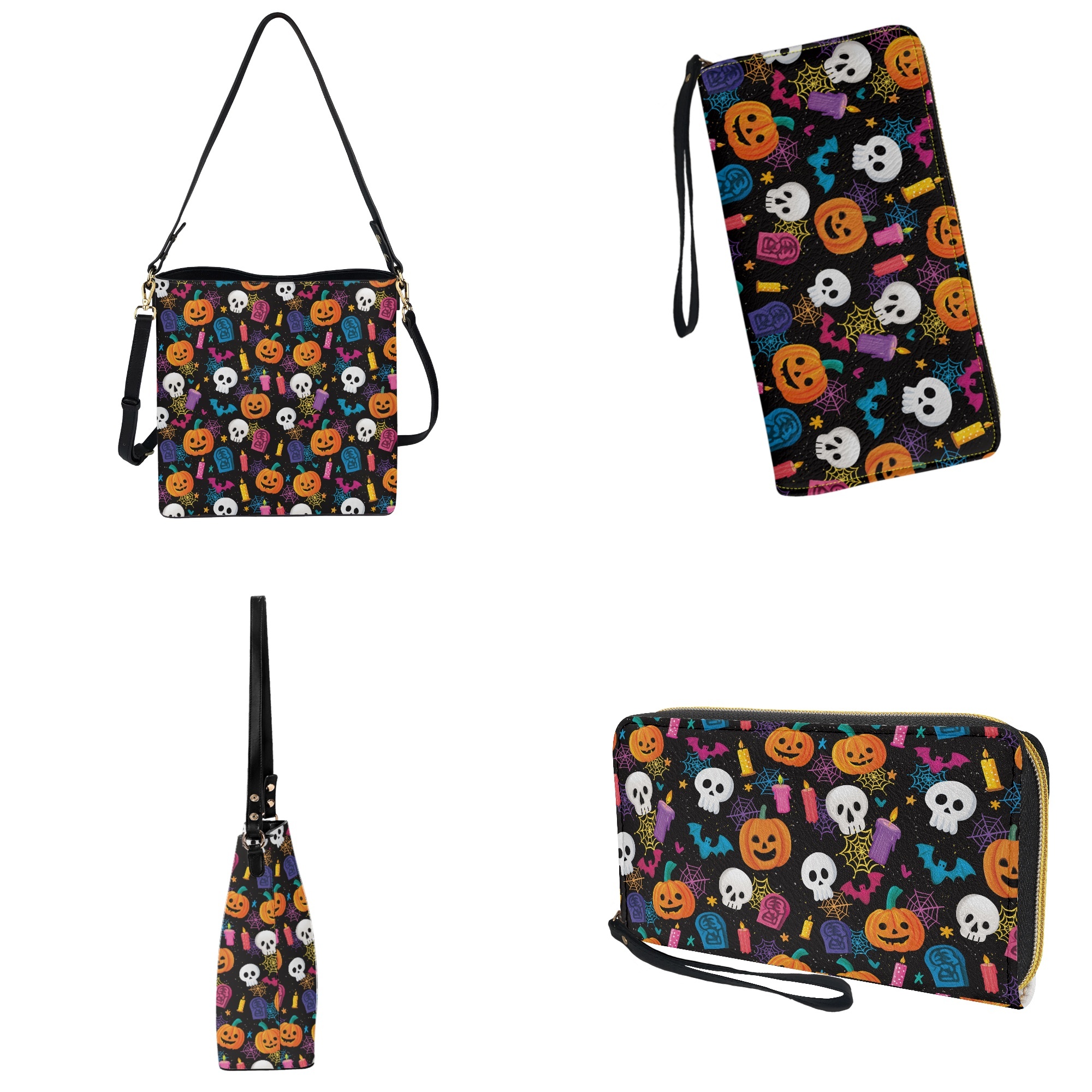 ZUXONGSY Bat Pumpkin Skull Print Crossbody Hobo Bag with Wallet Set for Women Waterproof Crossbody Handbag with Leather Wallet Fashion Bucket Bag Tote Purse Set for Travel