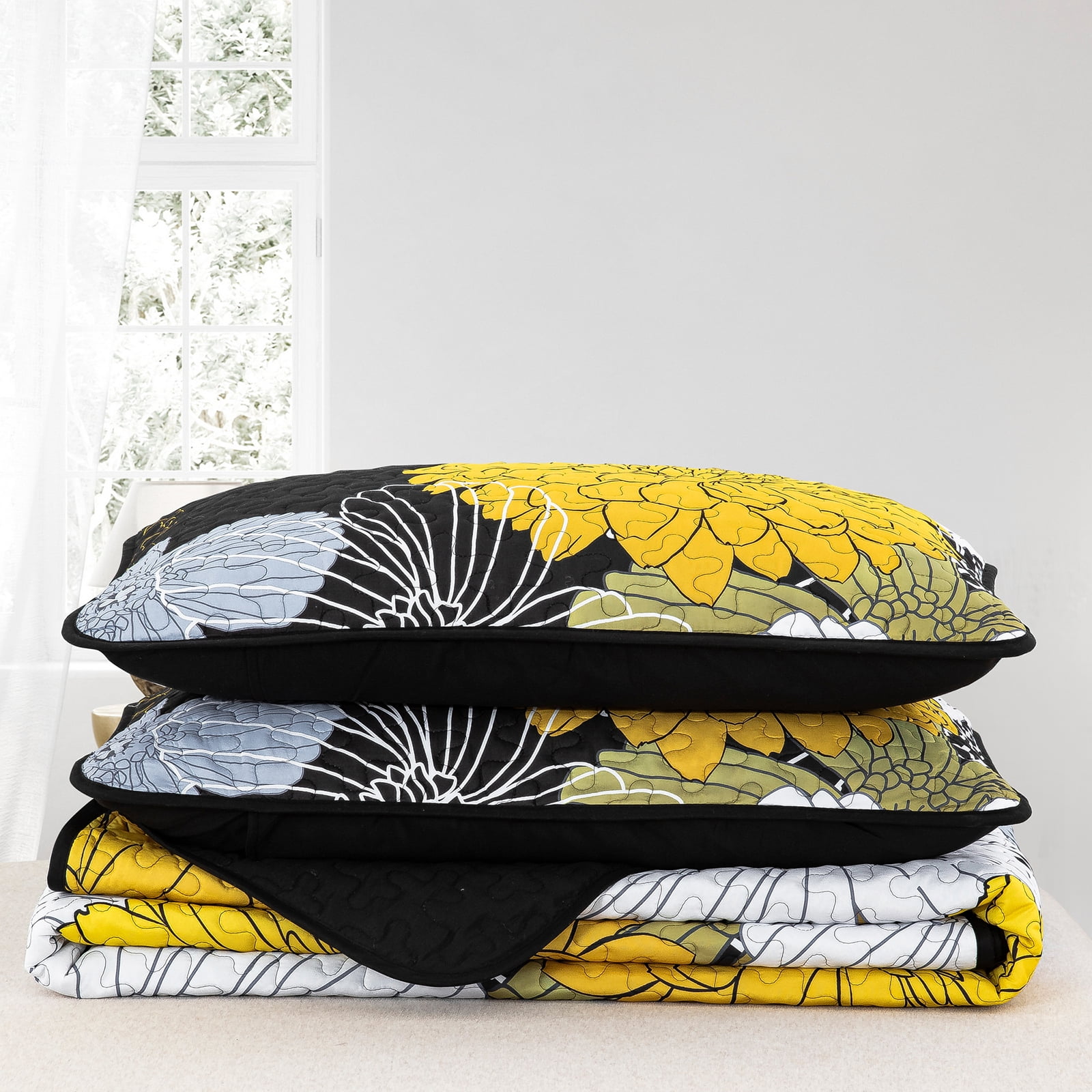 Dintszyayue Yellow Floral Quilt Set Queen Size,1Bedspreads and 2Pillowcases Bohemian Soft Adult(90"x96")