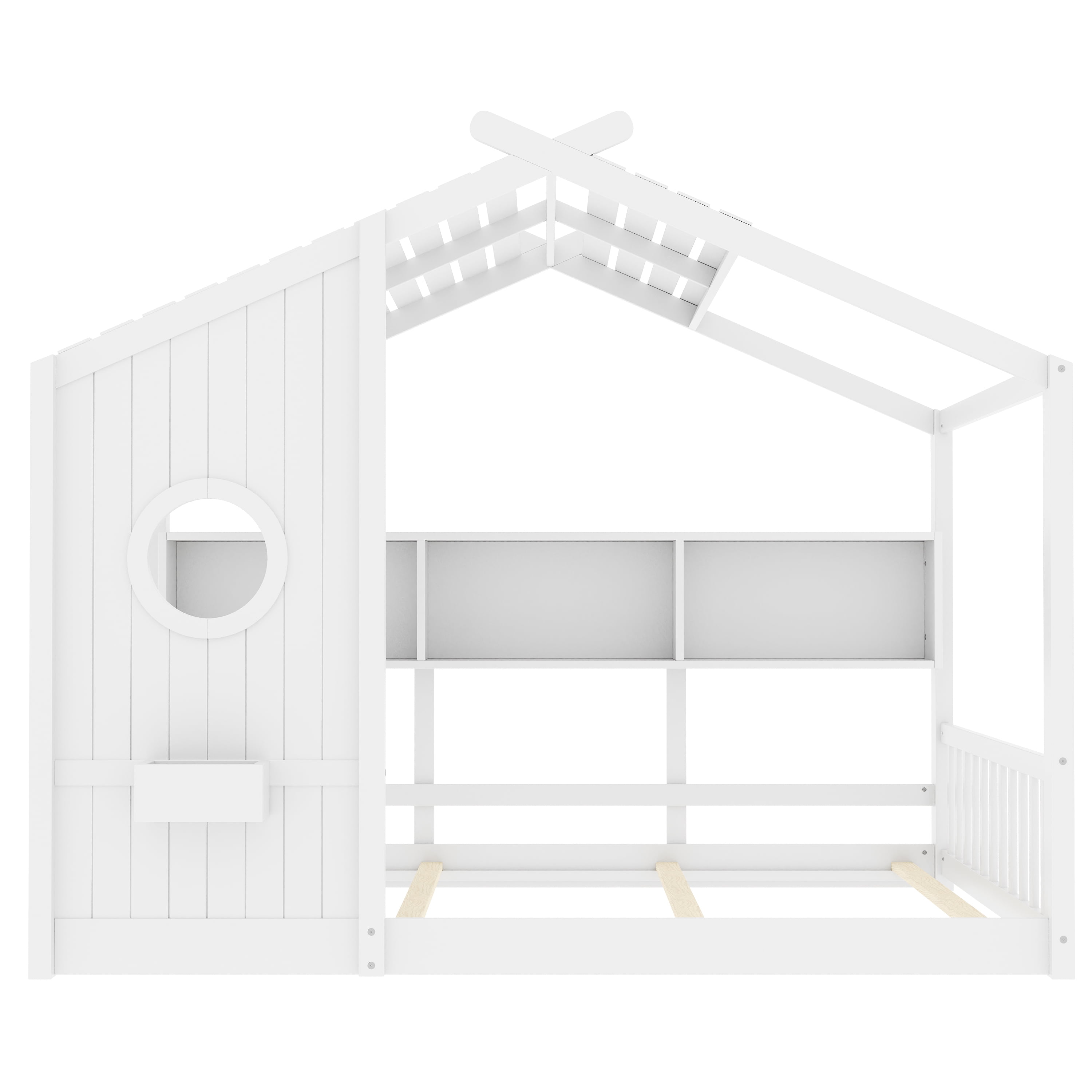 Euroco Wood Full Size House Bed with Cabinets, Floor Bed with Roof Design and Storage Shelves, White