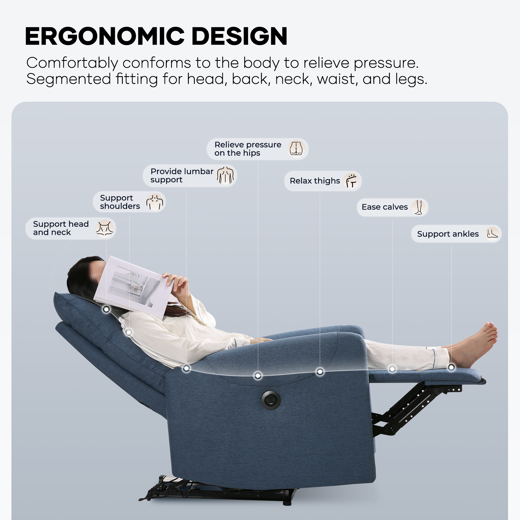 MARNUR Electric Recliner Chair with USB Charge Port, Weight Capacity 360lb, One Button Free Control Angle, Fluffy Plush Backrest, Linen, Blue