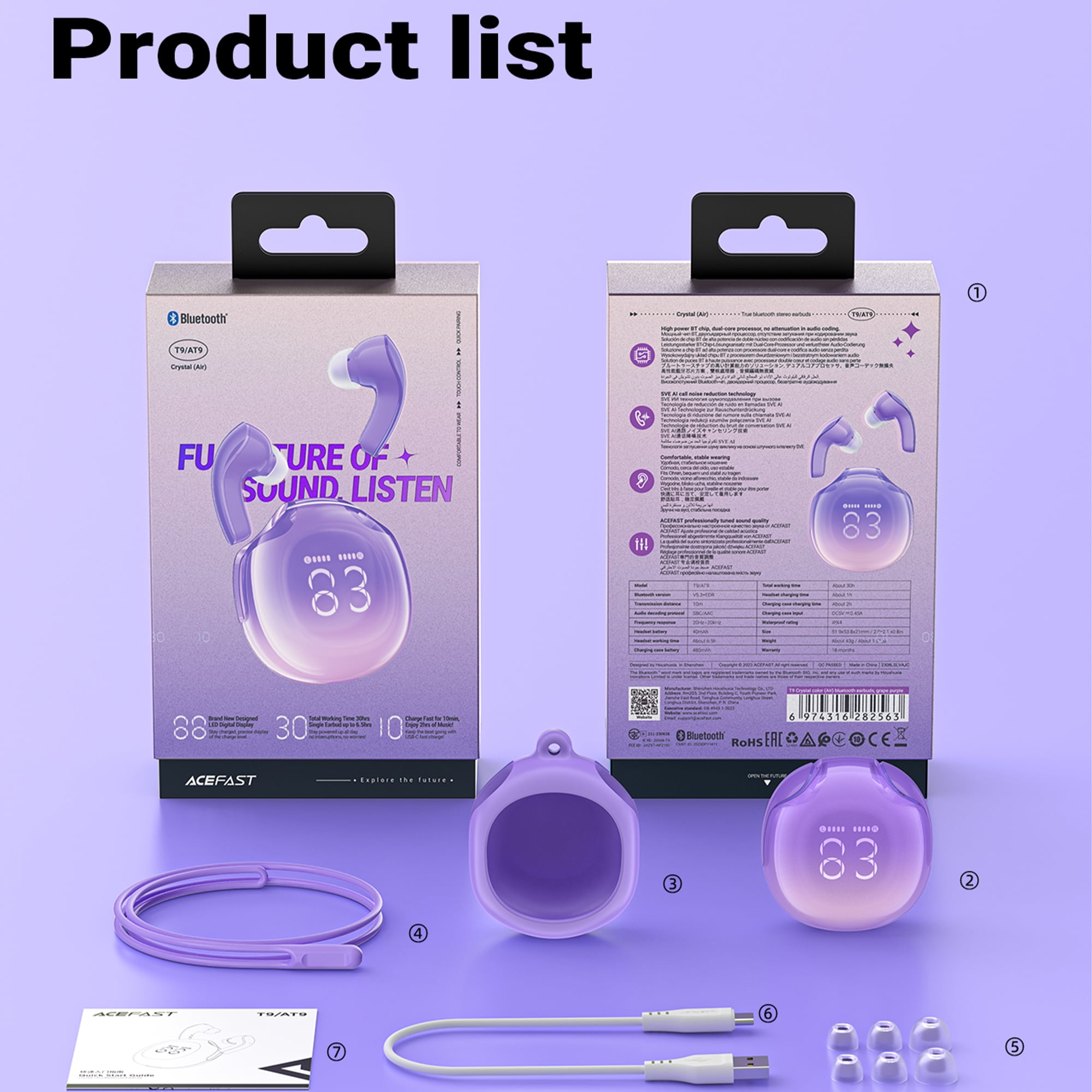ACEFAST Wireless Earbuds Bluetooth 5.3 Noise Reduction TWS In-Ear Headset with LED Battery Display for Android/iOS  (Purple)