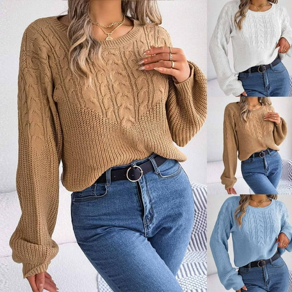 Lovskoo Sweaters for Women Trendy Long Sleeve Round-Neck Loose Pullover Tops Blouse Knitted Sweater Blue