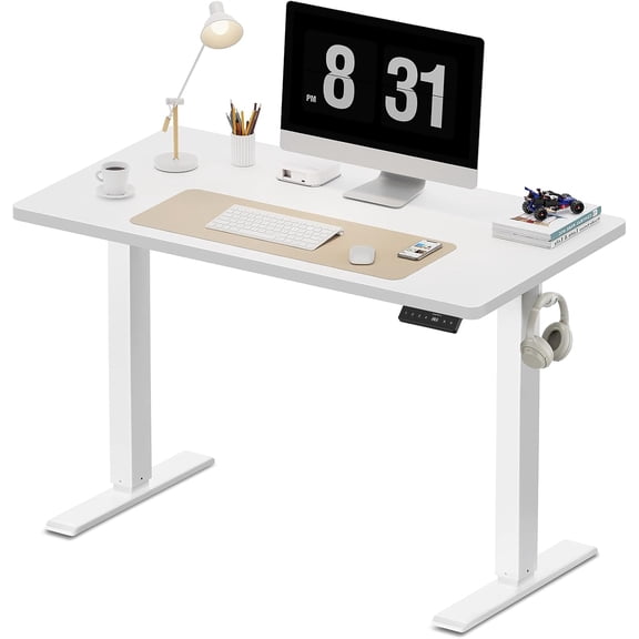 GLZ'HOME 40x24 Inches Height Adjustable Electric Standing Desk with 2 Hooks for Home Office, Ergonomic Sit Stand up Desk with Splice Board, White