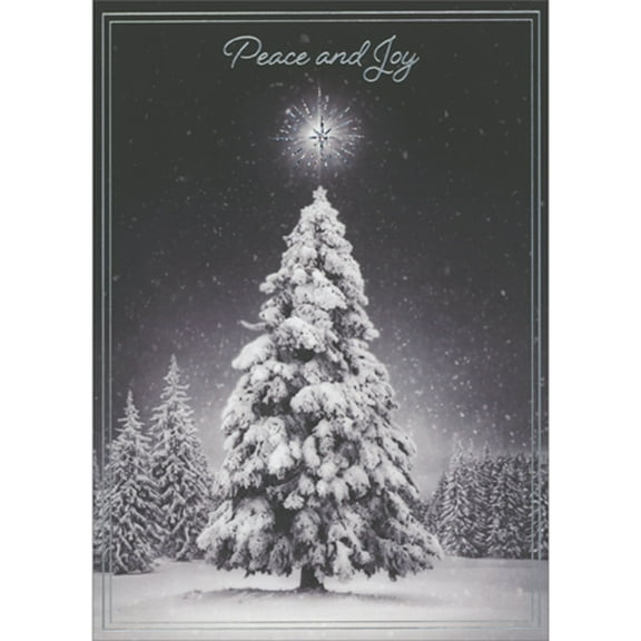 Avanti Press Peace and Joy: Shining Silver Foil Star Above Snow Covered Tree Pack of 10 Christmas Cards