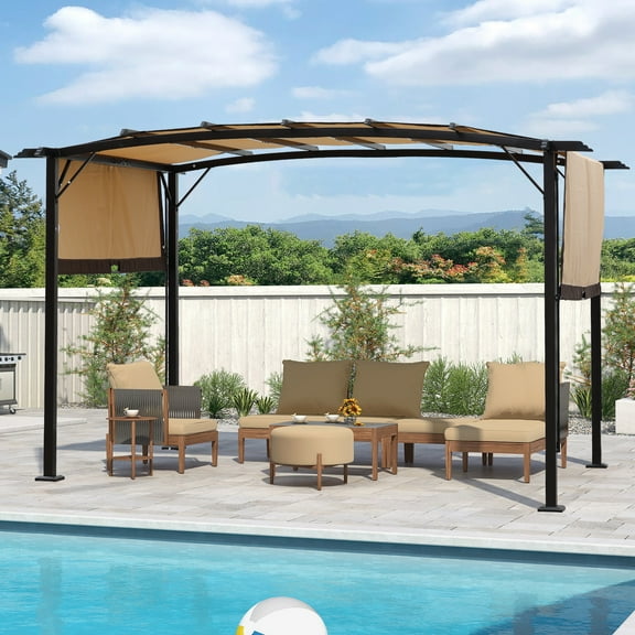 Perfect Garden 12' L x 9' W Outdoor Patio Steel Frame Pergola with Retractable Canopy Shade, Color Beige