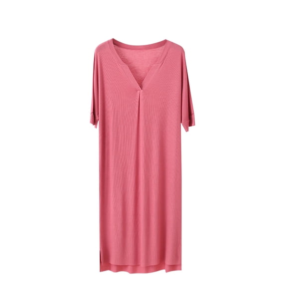 Fewfanhot Women's V-Neck Modal Sleep Dress Long Sleeve Solid Color Nightgown, Soft Slip Style Lounge Wear Ankle-Length Sleepwear