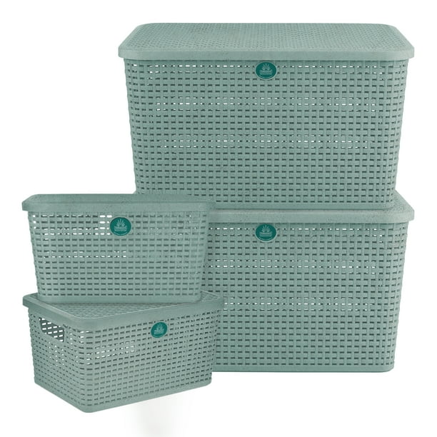Kit 4 Cajas Organizadoras de Plástico Biodegradable Terragave Tipo Rattan (Menta)