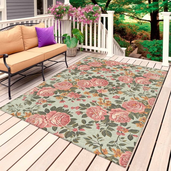Pink Flowers Outdoor Rug for Patio/Deck/Porch, Non-Slip Large Area Rug 5 x 8 Ft, Romantic Botanical Floral Leaves Plants Indoor Outdoor Rugs Washable Area Rugs, Reversible Camping Rug Carpet Runner