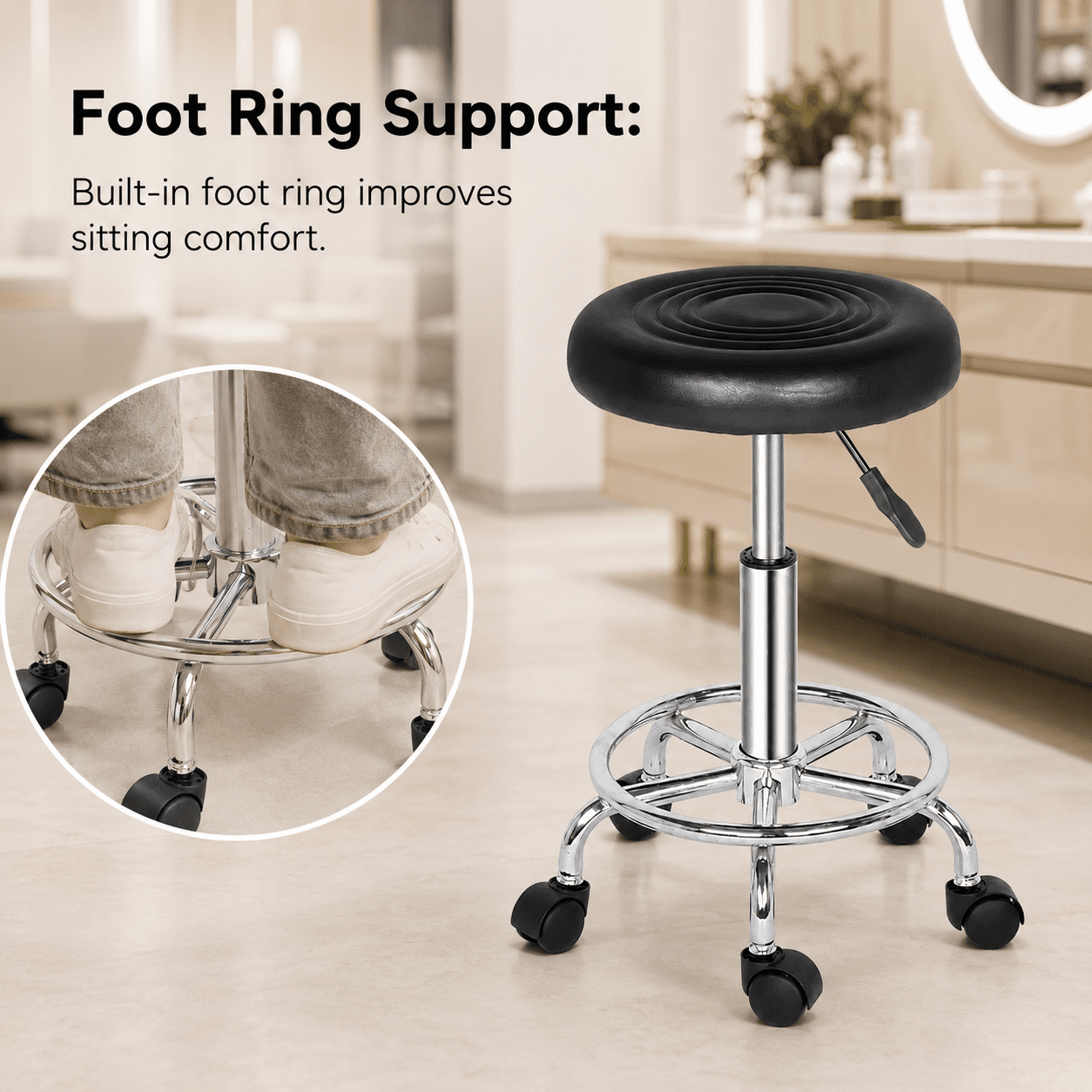 Alvantor Rolling Stool with Ribbed Round Seat, Adjustable Height, Black