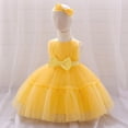 thumbnail image 3 of IBTOM CASTLE Baby Girls Ruffle Layered Tulle Tutu Dress, Bowknot V Back Birthday Party Pageant Formal Infant Gown with Headband Yellow, 3 of 5