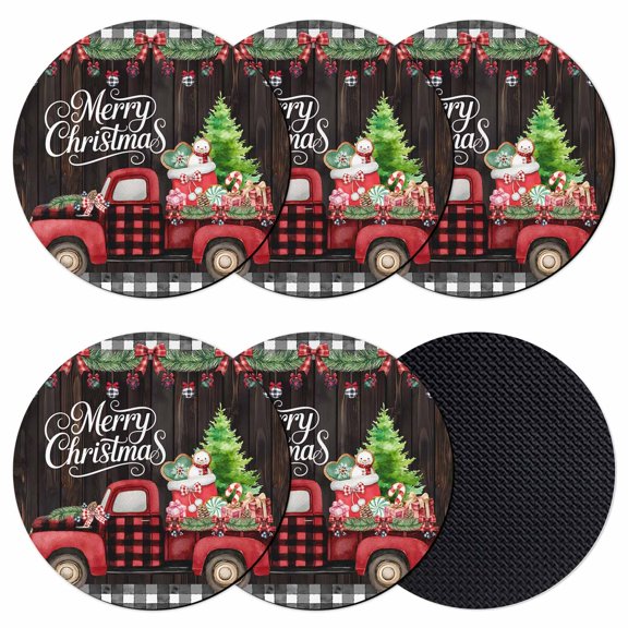 Merry Christmas Coasters Set of 6, Absorbent Coasters for Drinks, Xmas Tree Truck Balls Gifts Brown Wood Coaster for Desk Coffee Table Protection, Home Decor House Warming Gifts 4"