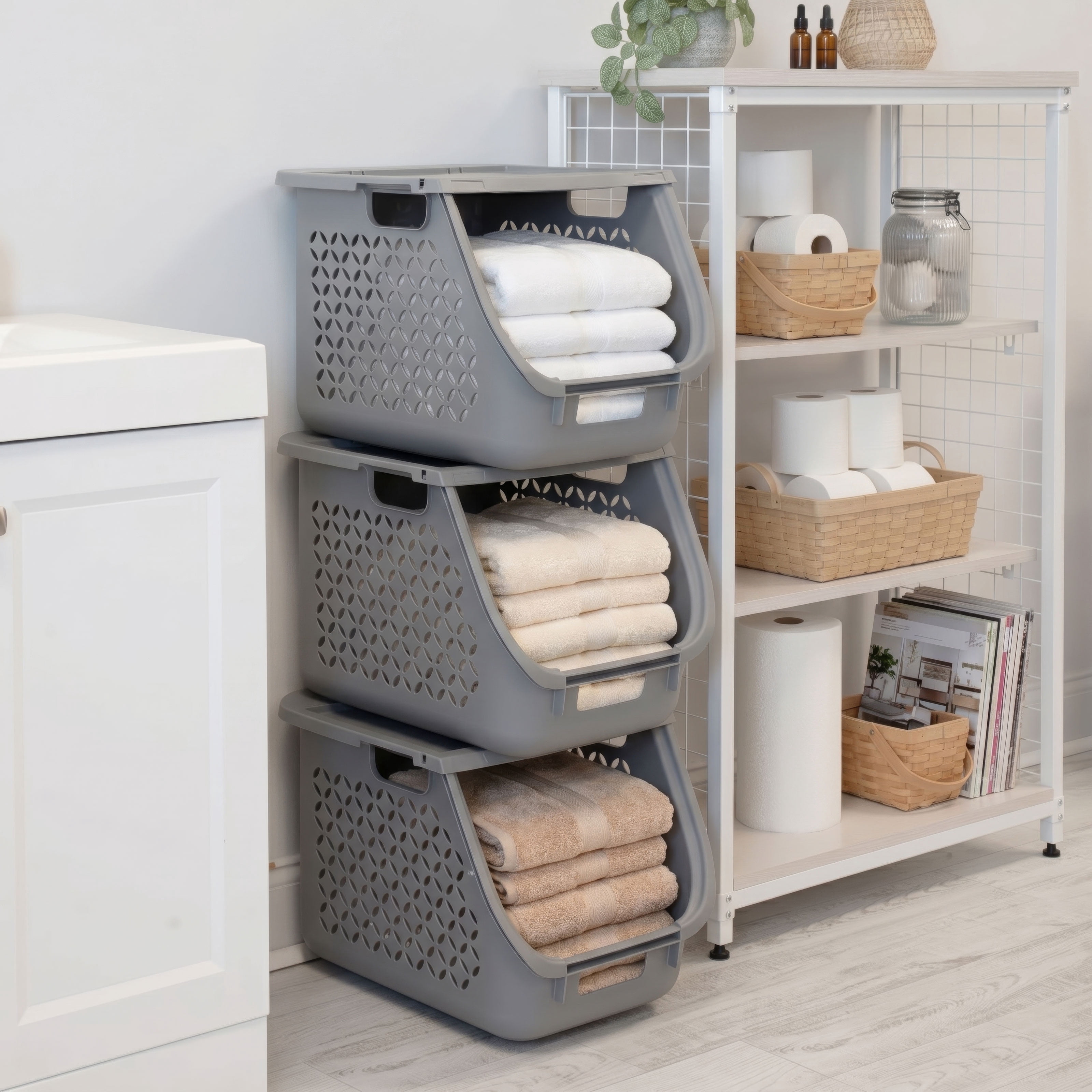 IRIS,1.33bu Stacking Laundry Basket Gray 3PK  - 47 Liter