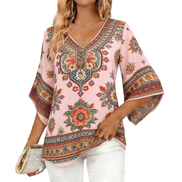 Camisas de Manga 3/4 de las Mujeres Bohemian Exclusivo Estampado V-Cuello Elegante Blusa para el Trabajo Informal O Vestidos Sociales