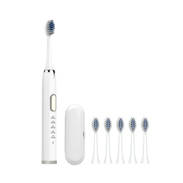 Rechargeable Sonic Toothbrush with Smart Timer, IPX7 Waterproof Design, 19000 Strokes Per Minute, 5 Cleaning Modes, Includes 6 Replacement Heads and Storage Box
