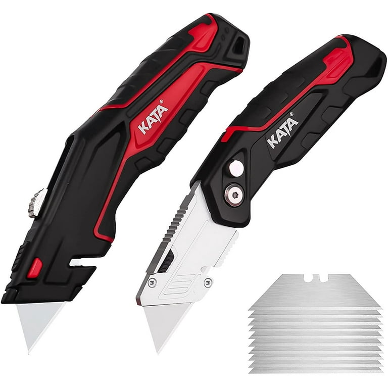 Kata 2-Pack Heavy Duty Utility Knife,Retractable and Folding Box Cutter Knife for Cartons, Cardboard and Boxes, Extra 10pcs SK5 Blades Included, Black