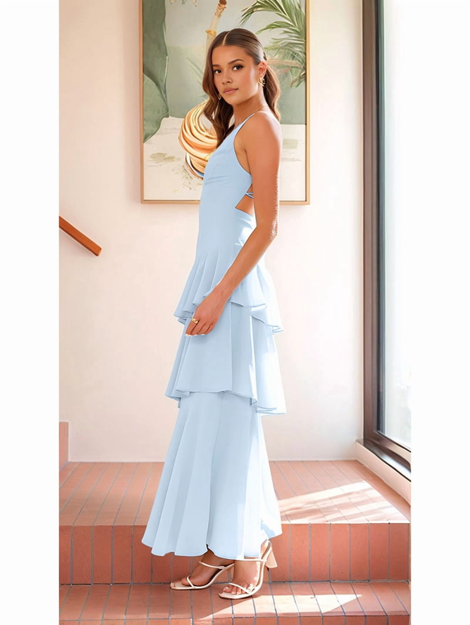 Tiered Chiffon Bridesmaid Dresses for Women Ruffle Formal Evening Dresses Long with Pleated Blue XL