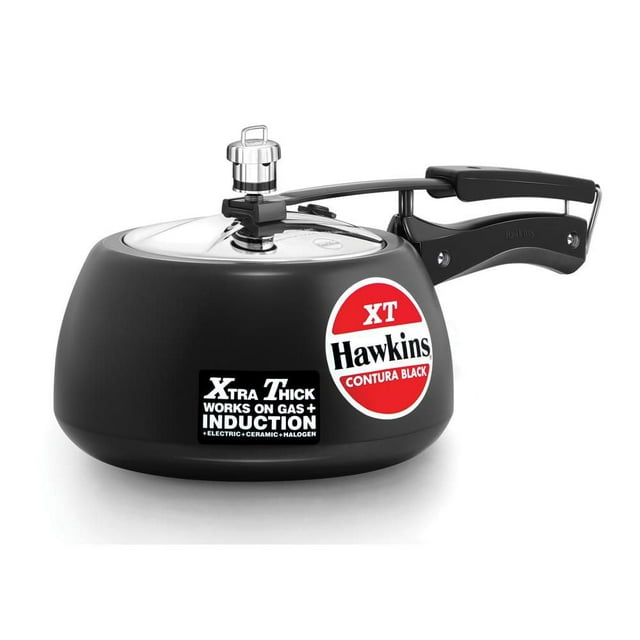 Hawkins Contra Black XT induction cooker, 3.0L capacity, featuring an extra thick base suitable for gas and induction cooktops