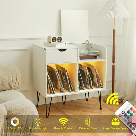 

Hommpa LED Turntable Stand Vinyl Record Storage Stand Rack Record Player Table Cabinet White 31.49 x17.72 x31.89