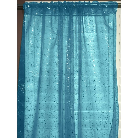 Silver Stars on Sheer Tinted Organza Solid Single Curtain Panel 58 Inch Wide Turquoise
