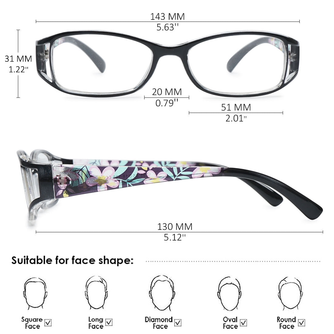 KOOSUFA Womens Floral Color Reading Glasses 1.50 Quality Rectangle Readers Eyeglasses Eyewear Black